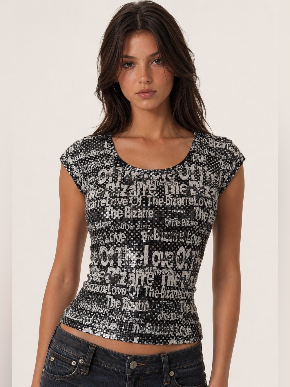 vintage Y2K Garage “Love of the Bizarre” sequin graphic cap-sleeve top JG